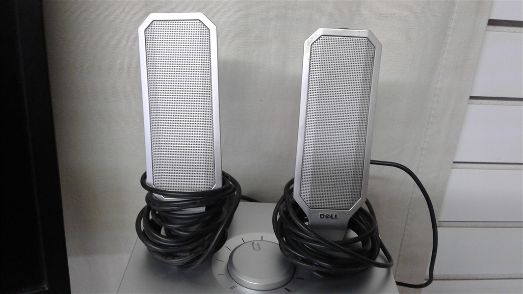 DELL COMPUTER MONITOR, SUB WOOFER, AND SPEAKERS