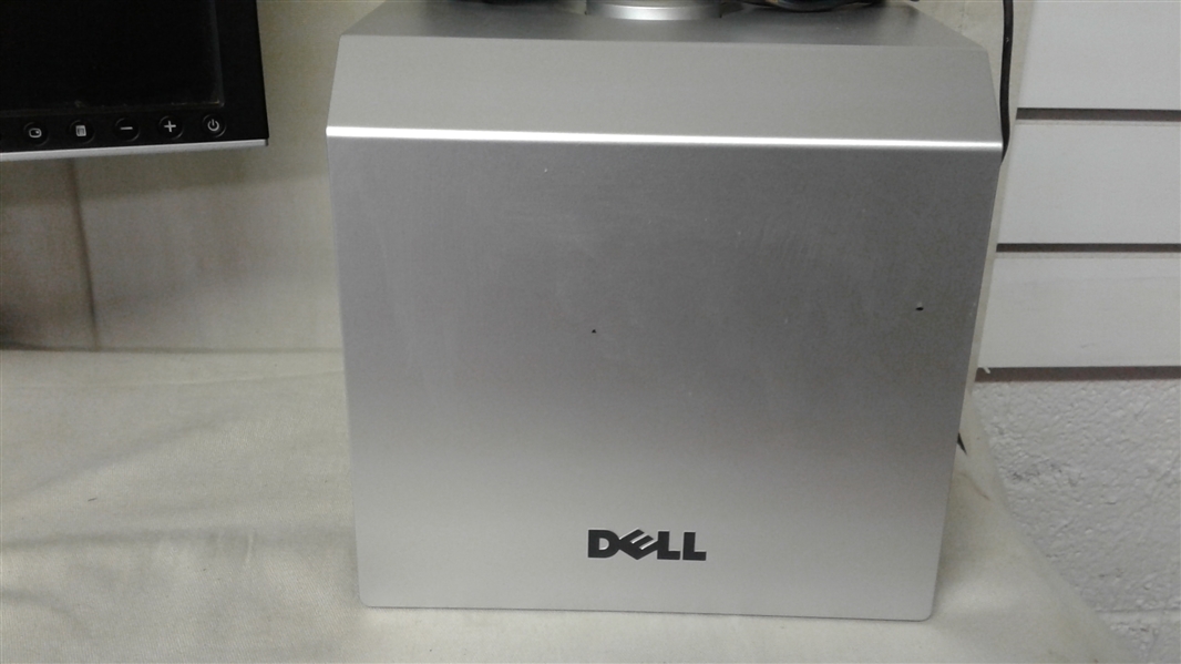 DELL COMPUTER MONITOR, SUB WOOFER, AND SPEAKERS