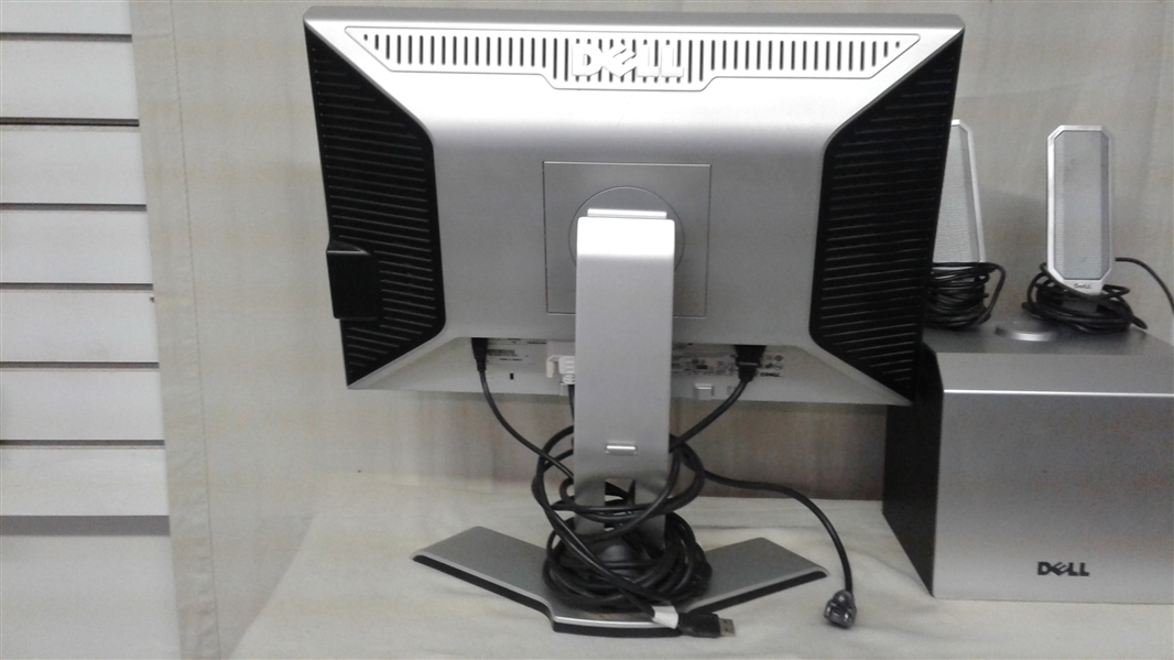 DELL COMPUTER MONITOR, SUB WOOFER, AND SPEAKERS