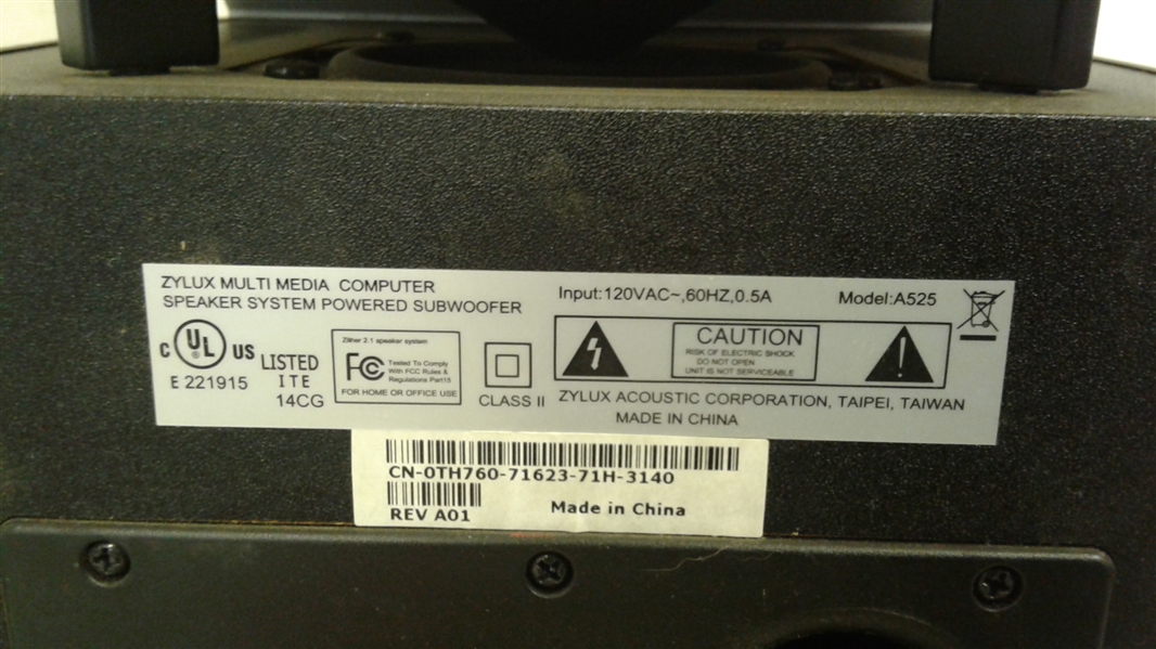 DELL COMPUTER MONITOR, SUB WOOFER, AND SPEAKERS