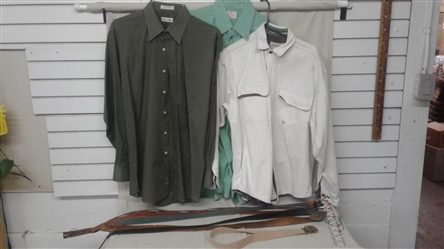 DRESS SHIRTS, EDDIE BAUER FLANNEL LINED SHIRT, AND BELTS WITH HANGER