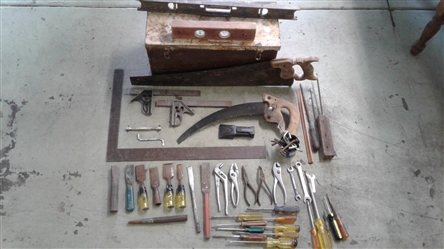 TOOL BOX, LEVELS, SQUARE, SAWS, AND HAND TOOLS