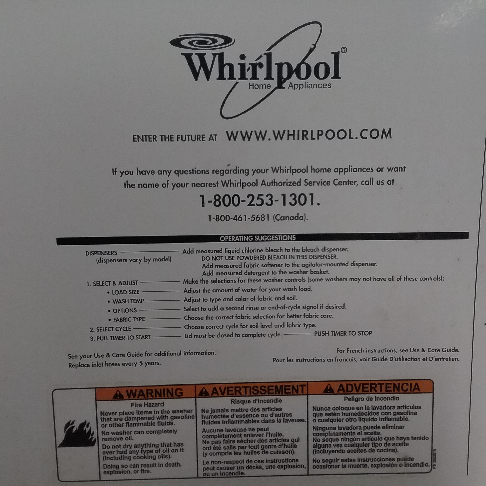 Lot Detail WHIRLPOOL FABRIC SENSE SYSTEM WASHING MACHINE