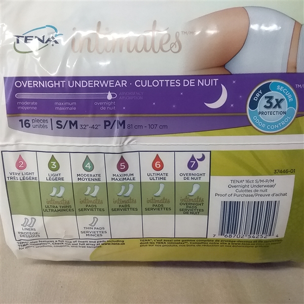 TENA INTIMATES  OVERNIGHT UNDERWEAR S/M 16 CT