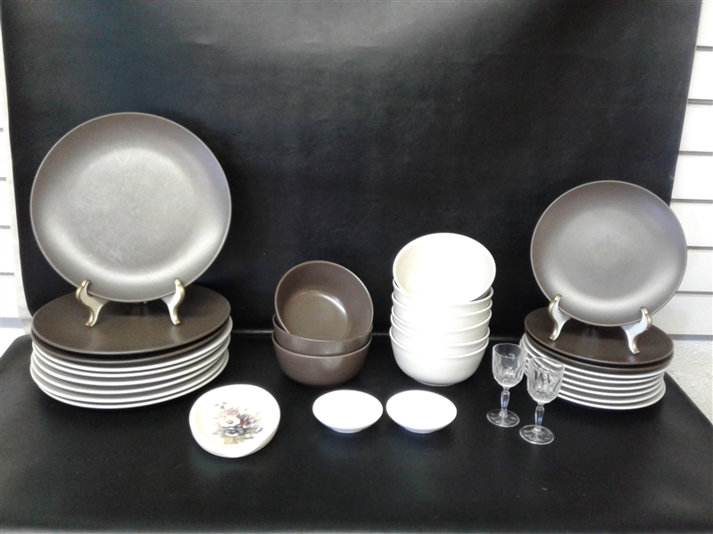IVORY & BROWN DINNERWARE PLUS EXTRAS