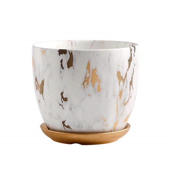 Marble Plant Pot, 8.5 Modern Nordic Style Ceramic Marble Look Scrub Pots for Plants-Plant Pots Indoor with Drainage Hole and Ceramic Tray for Succulents/Plants/Flowers