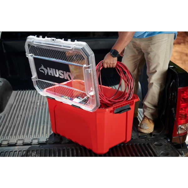 Husky 20 Gal. Professional Grade Heavy-Duty Waterproof Storage Container with Hinged Lid in Red
