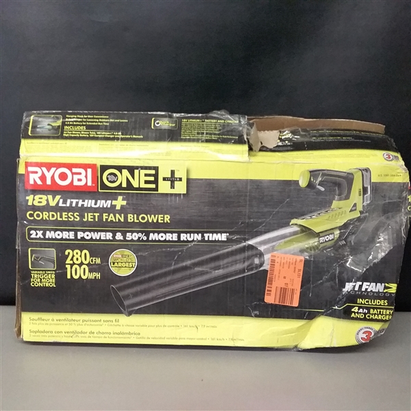 RYOBI ONE+ 100 MPH 280 CFM Variable-Speed 18-Volt Lithium-Ion Cordless Jet Fan Leaf Blower 4Ah Battery and Charger Included