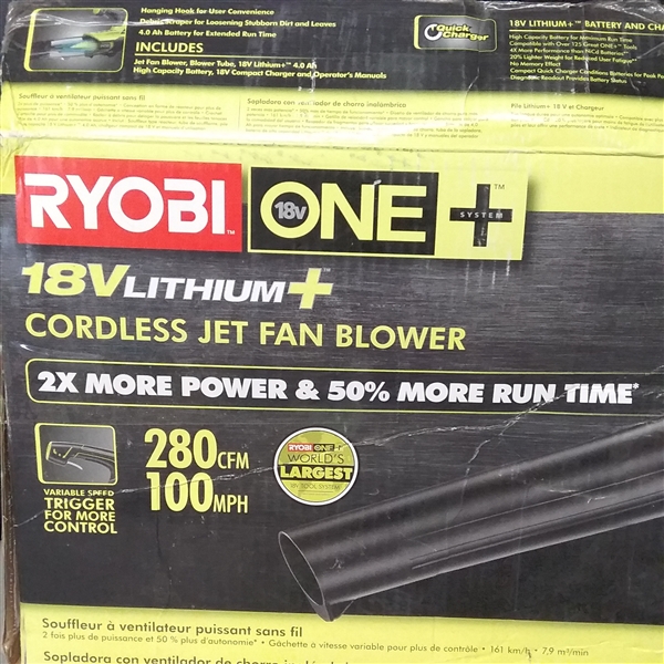 RYOBI ONE+ 100 MPH 280 CFM Variable-Speed 18-Volt Lithium-Ion Cordless Jet Fan Leaf Blower 4Ah Battery and Charger Included