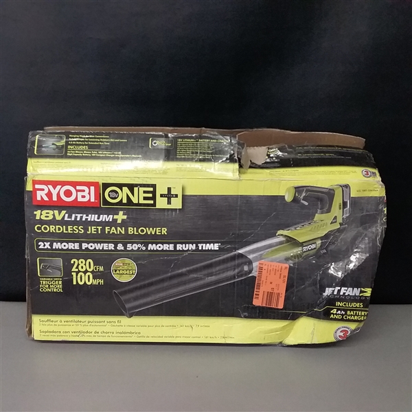 RYOBI ONE+ 100 MPH 280 CFM Variable-Speed 18-Volt Lithium-Ion Cordless Jet Fan Leaf Blower 4Ah Battery and Charger Included
