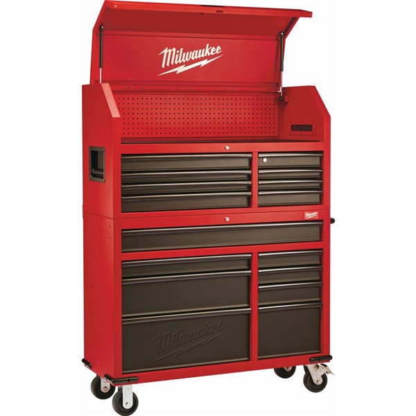Milwaukee 46 in. 16-Drawer Steel Tool Chest and Rolling Cabinet Set, Textured Red and Black Matte