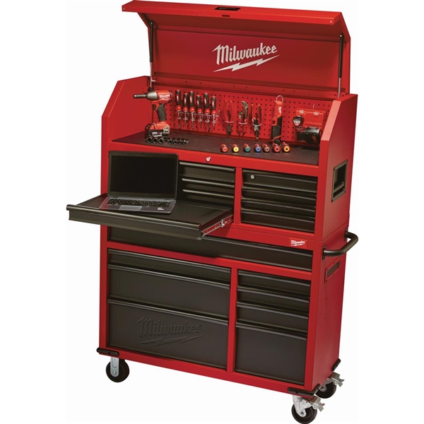 Milwaukee 46 in. 16-Drawer Steel Tool Chest and Rolling Cabinet Set, Textured Red and Black Matte