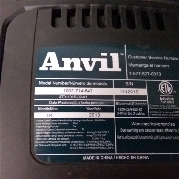 Anvil 2 gallon air compressor
