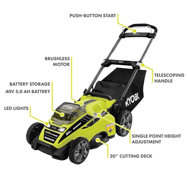 RYOBI 20 in. 40-Volt Brushless Lithium-Ion Cordless Battery Walk Behind Push Lawn Mower 5.0 Ah Battery and Charger Included