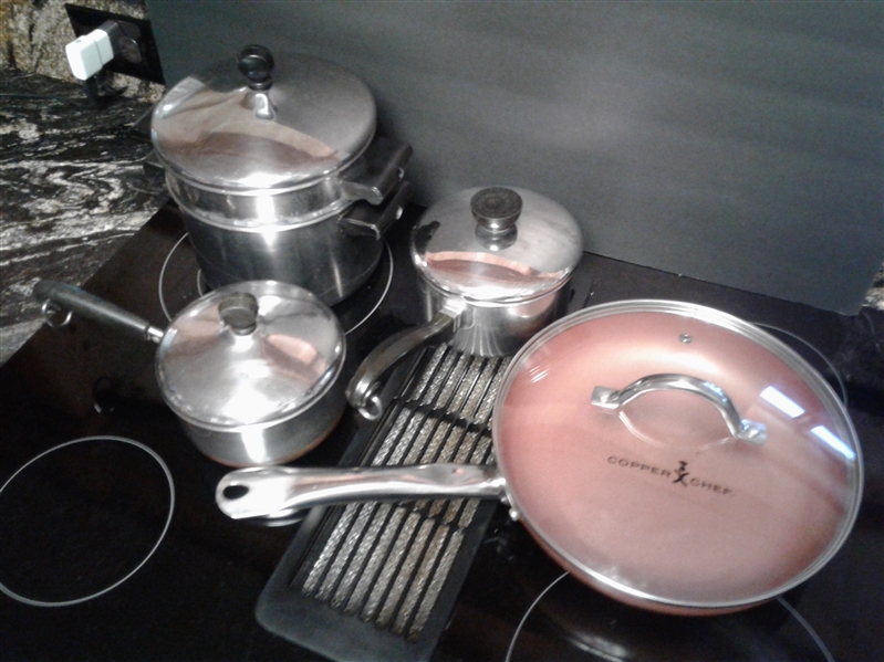 Copper Chef fry pan, double boiler pot, two sauce pans