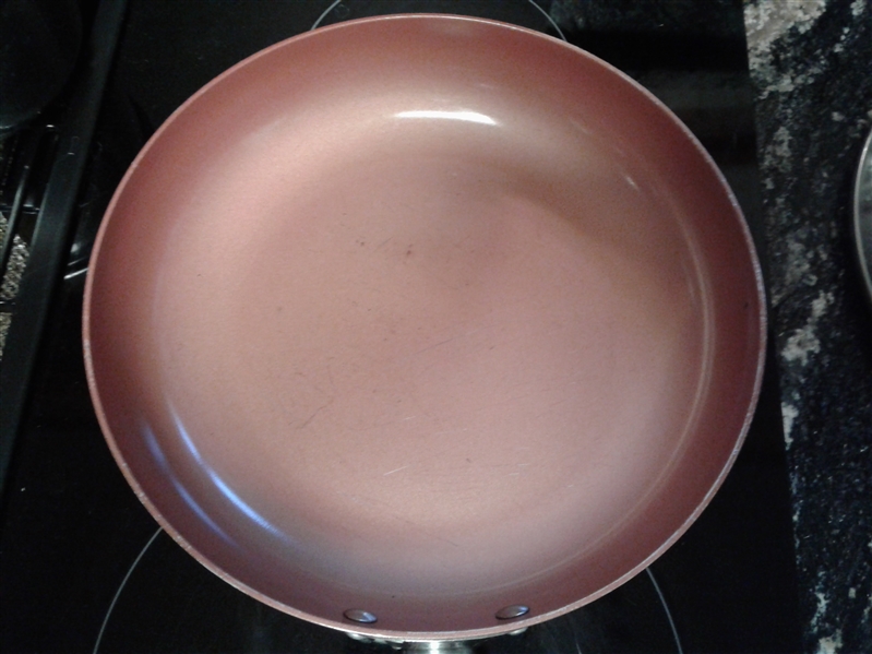 Copper Chef fry pan, double boiler pot, two sauce pans