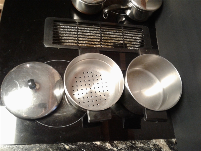 Copper Chef fry pan, double boiler pot, two sauce pans