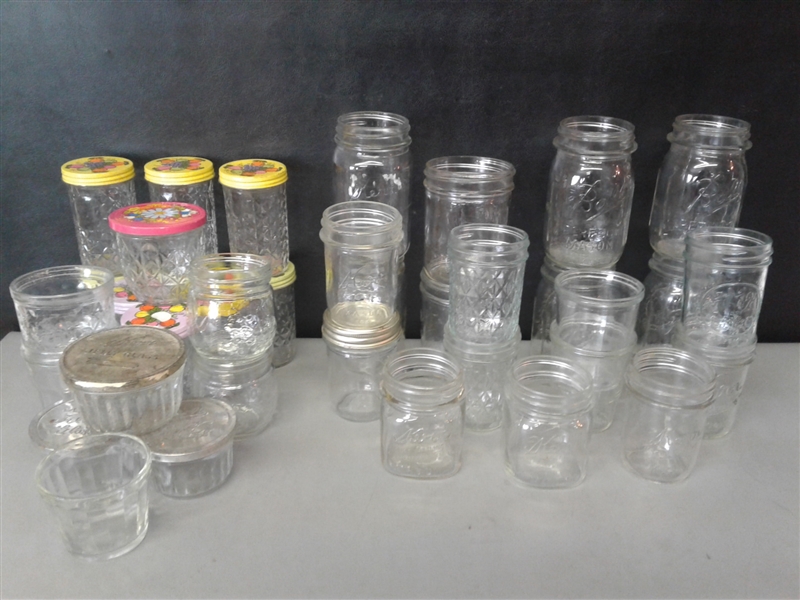 Large Mason Jar Lot-Quilted Jelly Jars, Canning Jars, Lids, Etc