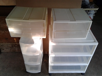 2 Three Drawer Rolling Sterilite Storage Carts & Other Storage Bins