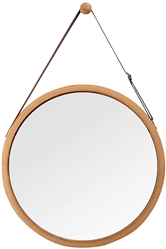 Hanging Round Wall Mirror- Solid Bamboo Frame & Adjustable Leather Strap 17 3/4"