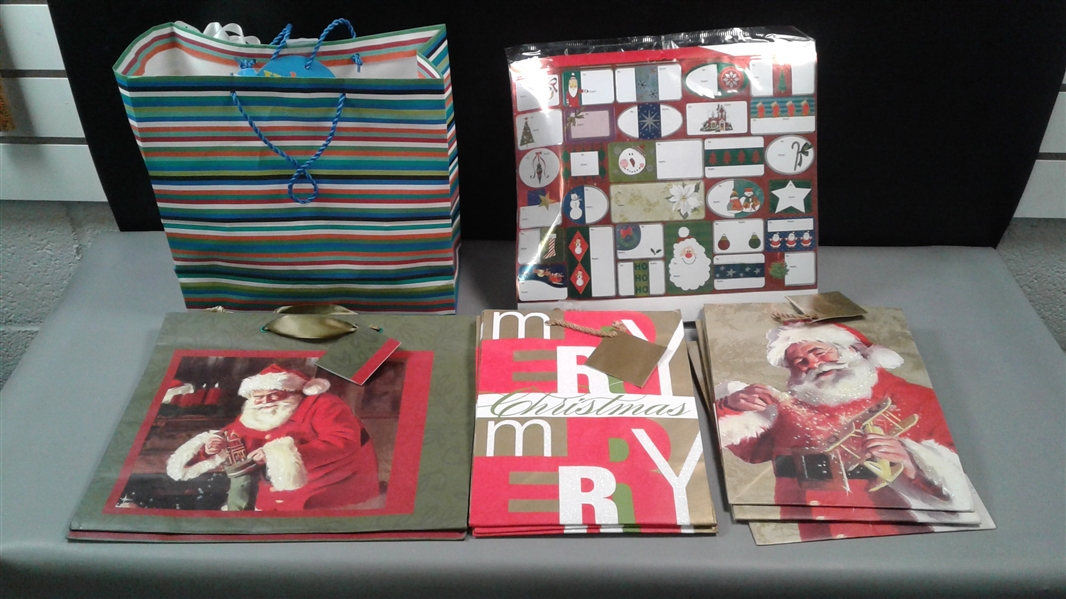 Wrapping Paper, Christmas Gift Bags, and a Tree Stand