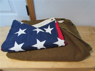 VINTAGE ARMY BLANKET AND LARGE CLOTH AMERICAN FLAG