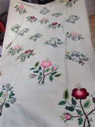 ANTIQUE WOOL BED COVER WITH FLORAL NEEDLEWORK