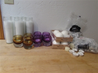 PURPLE & AMBER VOTIVE HOLDERS & ASSORTED CANDLES