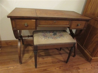 ANTIQUE DRESSING TABLE WITH MIRROR & NEEDLE POINT STOOL.