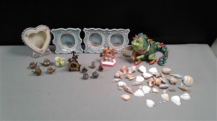 Lizard of Oz, Miniature Brass Teapots & Cloisonné Charms, Photo Frames, Seashells 