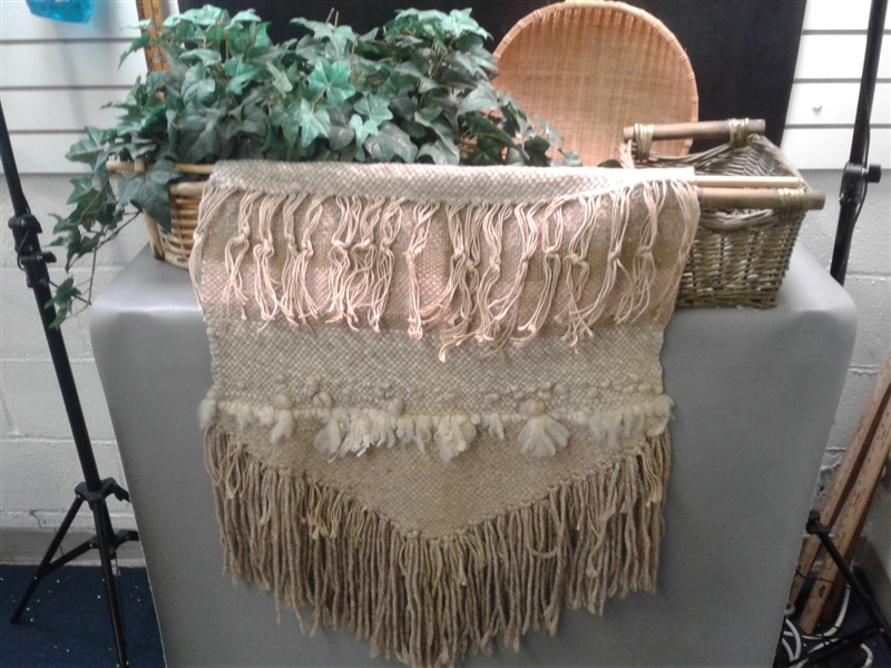 Woven Wool Wall Hanging, Faux Foliage & Baskets
