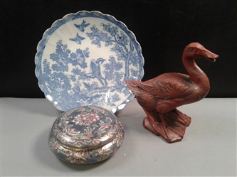 Duck Statue, Oriental Covered Dish, Oriental Blue White Plate