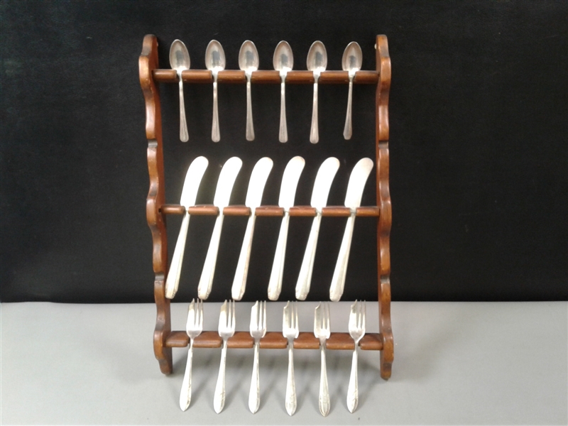 Silver Spoons, Forks, and Butter Knives w/Wood Rack