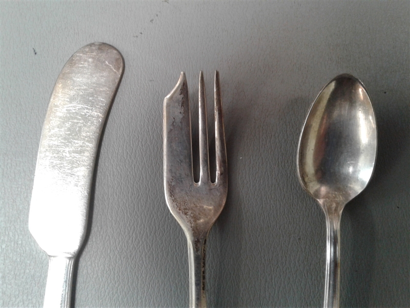 Silver Spoons, Forks, and Butter Knives w/Wood Rack