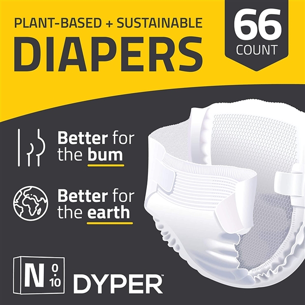 DYPER | Responsibly Sourced Bamboo Baby Diapers | Ink Free, Soft + Durable | New Born | 10 lbs & Under | 66 Count