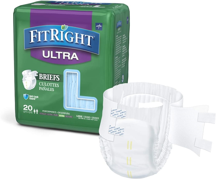 FitRight Ultra Adult Diapers, Disposable Incontinence Briefs with Tabs Large 20 Ct