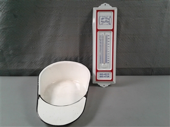 Vintage Enamel Bed Pan & Metal Delta Fuel Thermometer