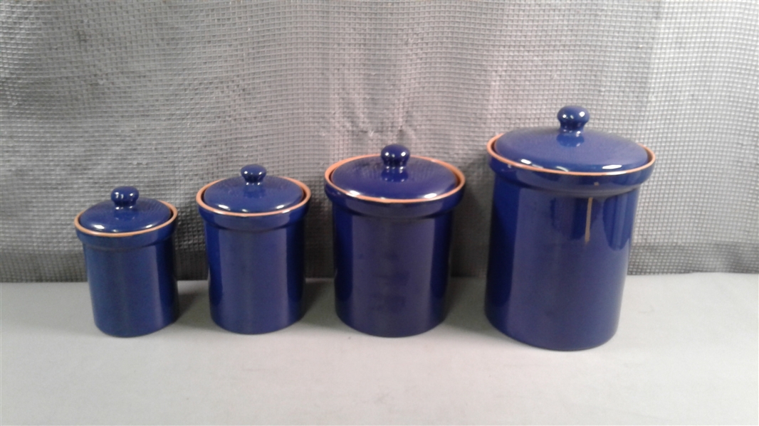 Set of 4 Cobalt Blue Canisters W/Brown Interior