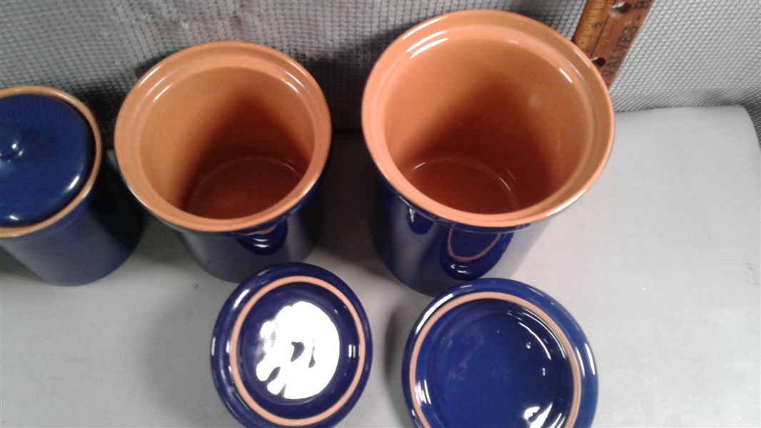 Set of 4 Cobalt Blue Canisters W/Brown Interior