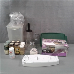 Kitchen: Glass Spice Jars, Chop N Save, Stuffing Basket, Chopper, Etc. 