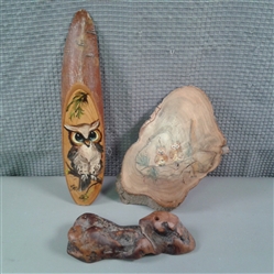 Handpainted Owls on Wood & Small Piece of Burl Wood