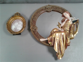 Small Round Mirror W/Lady & Book Accent Plus Small Gold Photo Frame