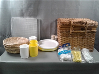 PickNick Basket With Plastic Plates, Cups,and  Shalt and Pepper Shakers etc.