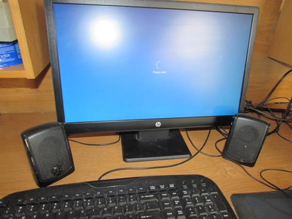 HP Windows 10 Computer with Desk, Chair, and Office Supplies