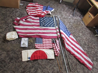 WWII Japanese Flag & Variety of American Flags