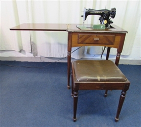Antique Singer Sewing Machine In Cabinet W/Bench