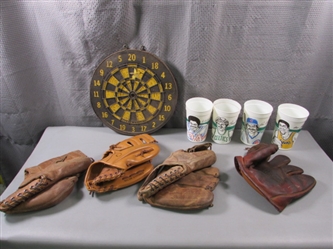 Vintage 7UP Cups, Dart Board, and Baseball Mitts