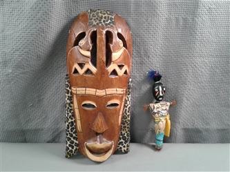 Indonesian Hand Carved Wood Tribal Mask w/Animal Print & New Orleans Voodoo Doll