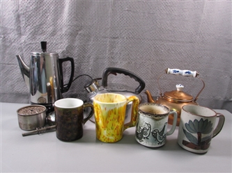 Teapots, Coffee Pot, and Mugs