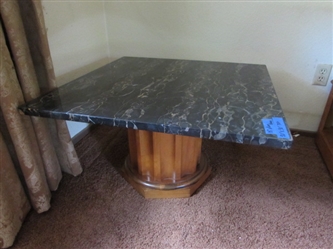 MARBLE TABLE W/WOODEN BASE